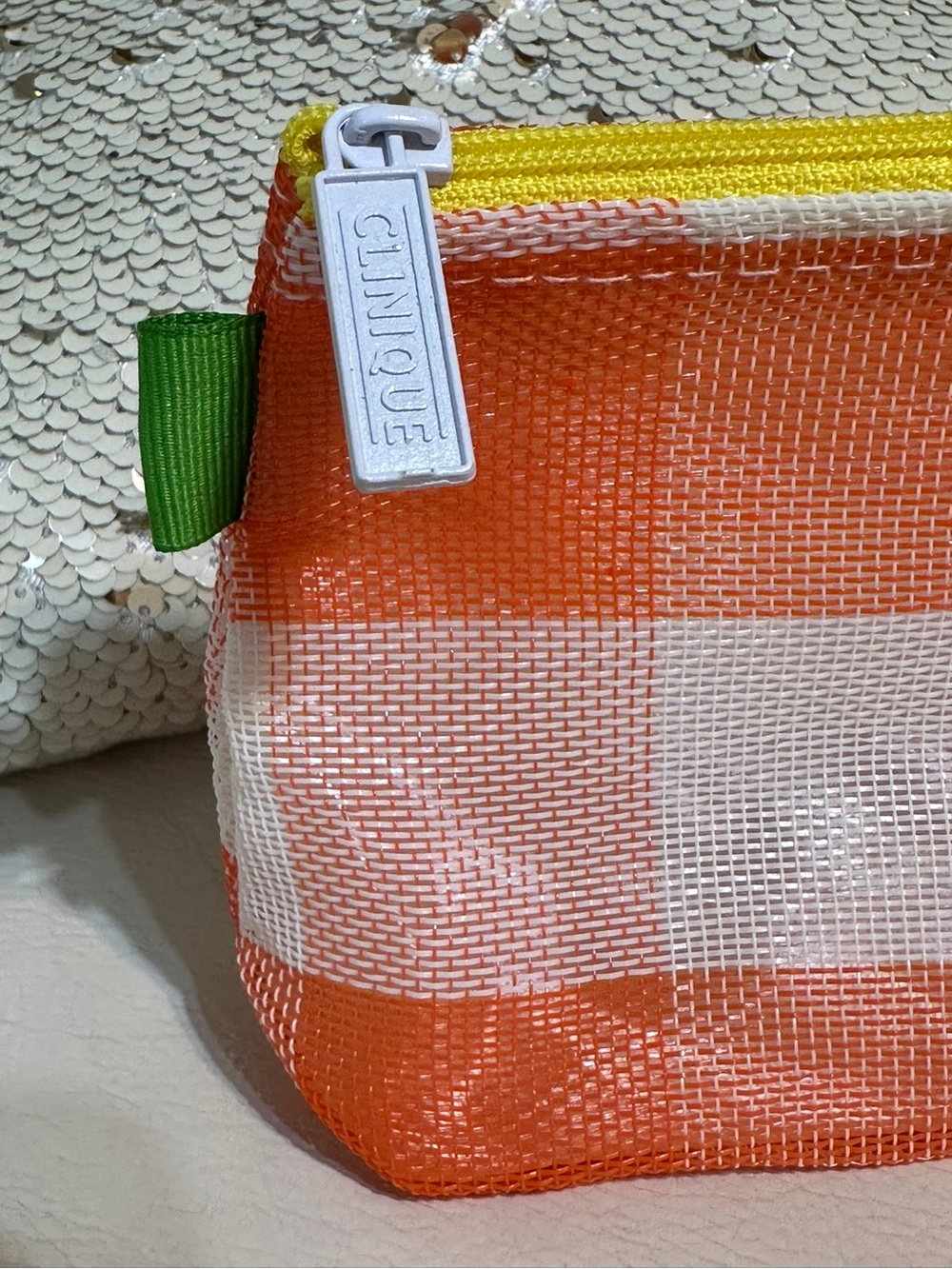 Clinique Gingham Mesh Makeup Bag Travel Cosmetic Bag Orange - Picture 2 of 6